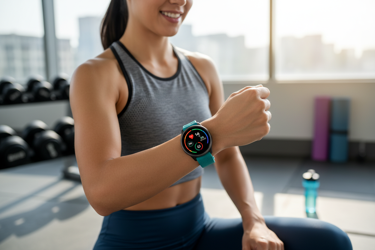 Crie uma imagem para o slide, uma mulher linda usando relógio smartwatch pra ir na academia, foco no relógio 